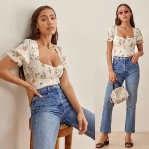 Reformation Delevan Citron Lemon Print Feminine Blouse